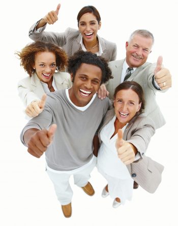 Portrait of happy business people with thumbs up against white background